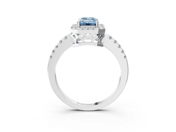 Platinum Fancy Blue Emerald  Halo Diamond Engagement Ring with Pavé Band and Four-Prong Setting