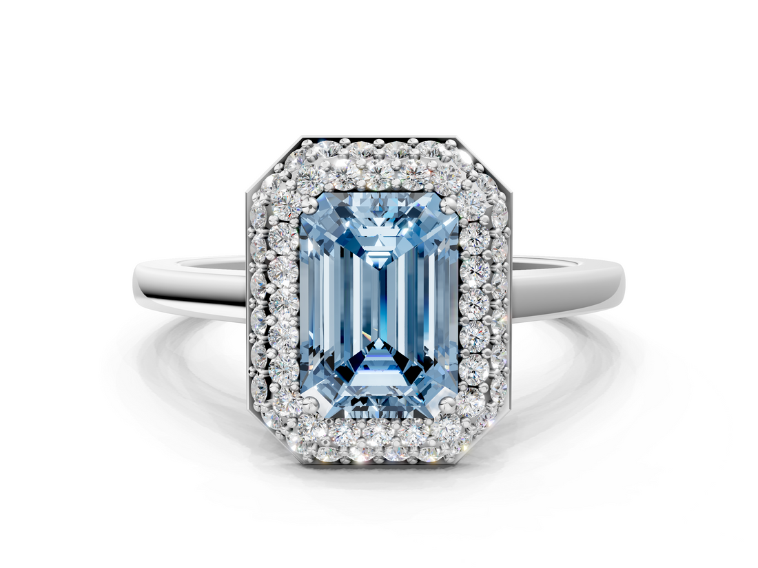 White gold Fancy Blue Emerald  Halo Diamond Engagement Ring with Solitaire Band and Four-Prong Setting_20