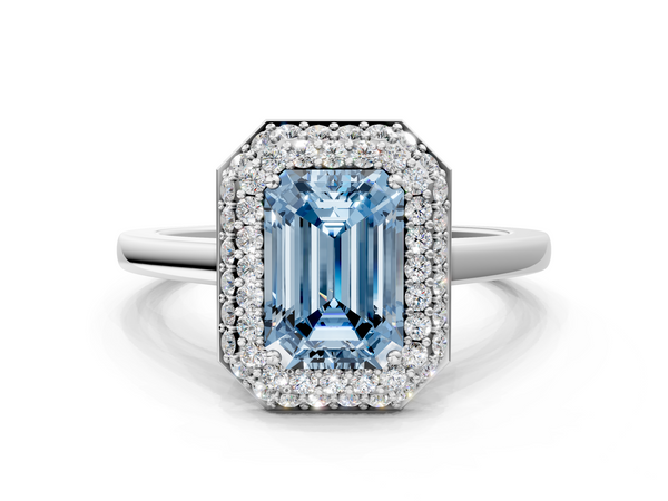 White gold Fancy Blue Emerald  Halo Diamond Engagement Ring with Solitaire Band and Four-Prong Setting