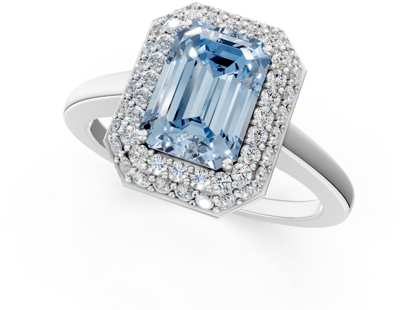 White gold Fancy Blue Emerald  Halo Diamond Engagement Ring with Solitaire Band and Four-Prong Setting