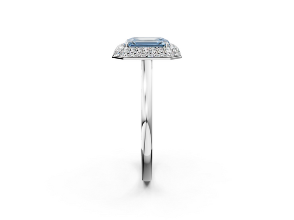 White gold Fancy Blue Emerald  Halo Diamond Engagement Ring with Solitaire Band and Four-Prong Setting