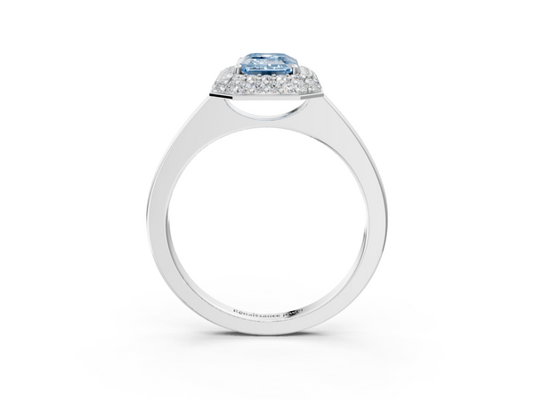 White gold Fancy Blue Emerald  Halo Diamond Engagement Ring with Solitaire Band and Four-Prong Setting