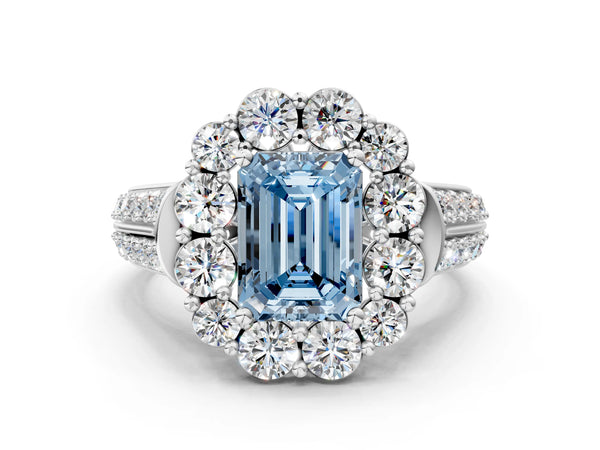 Platinum Fancy Blue Emerald  Halo Diamond Engagement Ring with Split Shank and Prong Setting