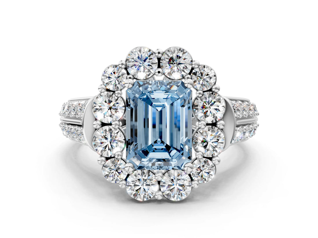 White gold Fancy Blue Emerald  Halo Diamond Engagement Ring with Split Shank and Prong Setting_66