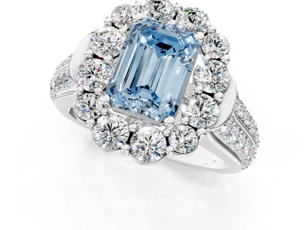 Platinum Fancy Blue Emerald  Halo Diamond Engagement Ring with Split Shank and Prong Setting