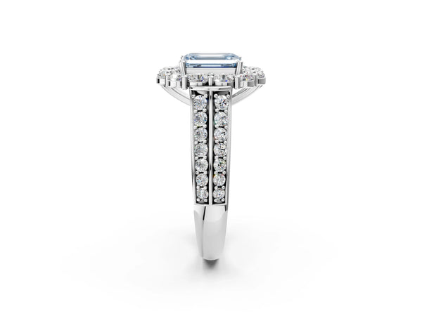 Platinum Fancy Blue Emerald  Halo Diamond Engagement Ring with Split Shank and Prong Setting