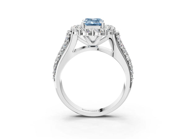 Platinum Fancy Blue Emerald  Halo Diamond Engagement Ring with Split Shank and Prong Setting