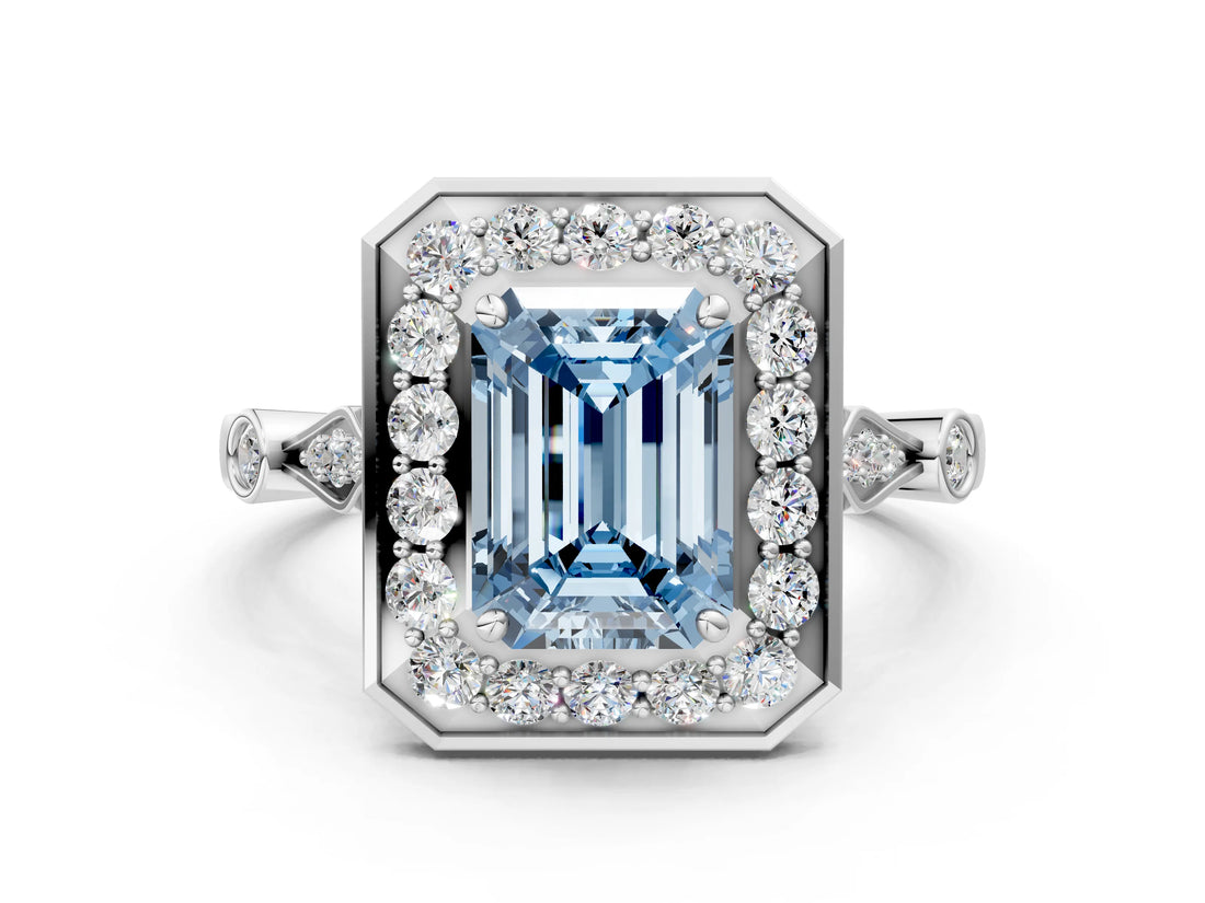 White gold Fancy Blue Emerald  Halo Diamond Engagement Ring with Twisted Band and Four-Prong Setting