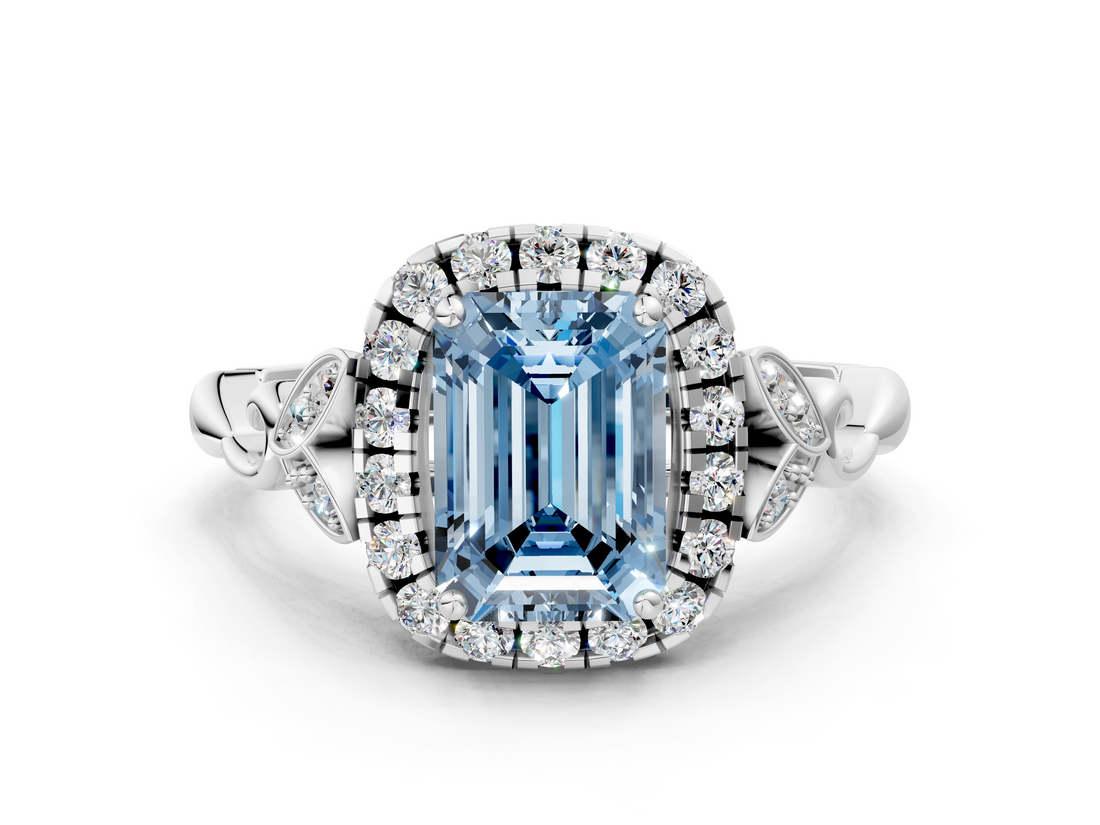 White gold Fancy Blue Emerald  Halo Diamond Engagement Ring with Vintage-Inspired Band and Four-Prong Setting_3