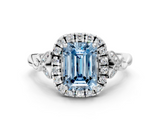 White gold Fancy Blue Emerald  Halo Diamond Engagement Ring with Vintage-Inspired Band and Four-Prong Setting_3