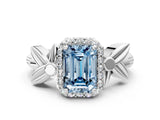 White gold Fancy Blue Emerald  Halo Diamond Floral Band with Four-Prong Setting_55