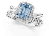 White gold Fancy Blue Emerald  Halo Diamond Floral Band with Four-Prong Setting_56