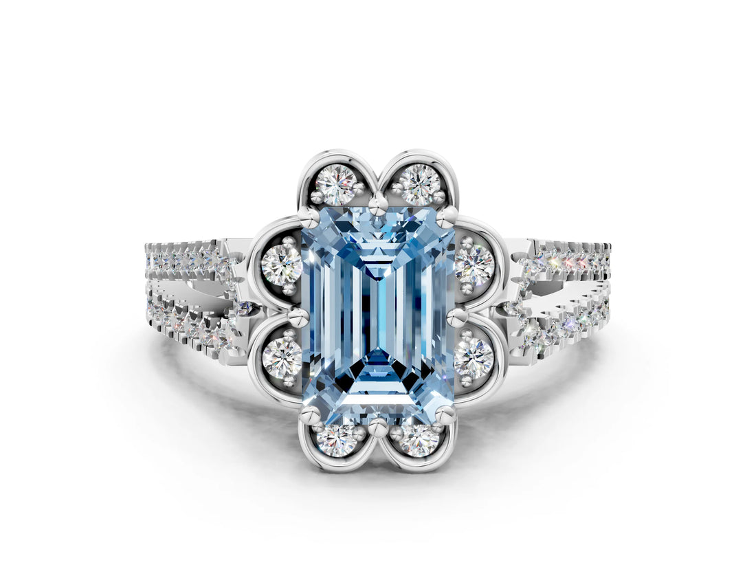 White gold Fancy Blue Emerald  Halo Diamond Floral Split Shank Engagement Ring 1