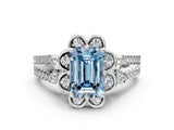 White gold Fancy Blue Emerald  Halo Diamond Floral Split Shank Engagement Ring 1