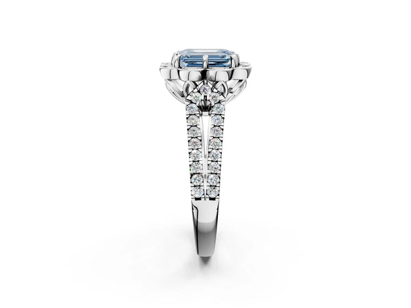 White gold Fancy Blue Emerald  Halo Diamond Floral Split Shank Engagement Ring