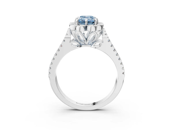 White gold Fancy Blue Emerald  Halo Diamond Floral Split Shank Engagement Ring