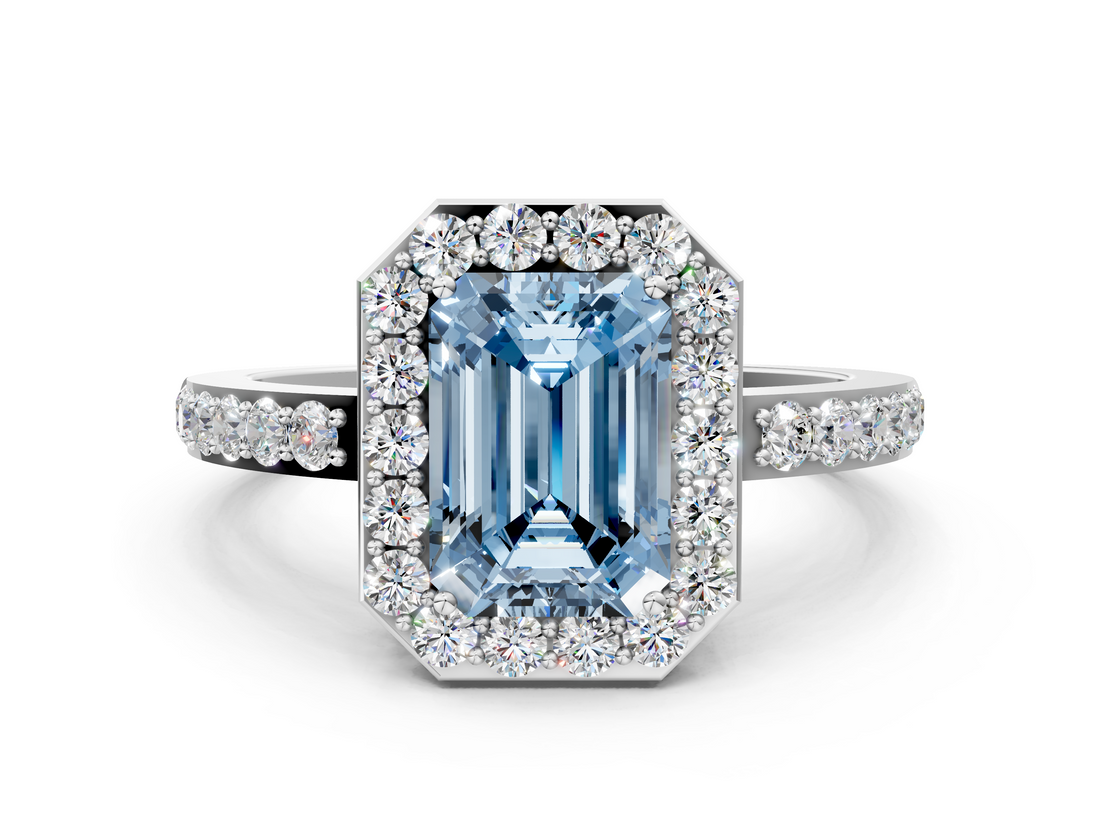 White gold Fancy Blue Emerald  Halo Diamond Pavé Band Ring with Prong Setting_20