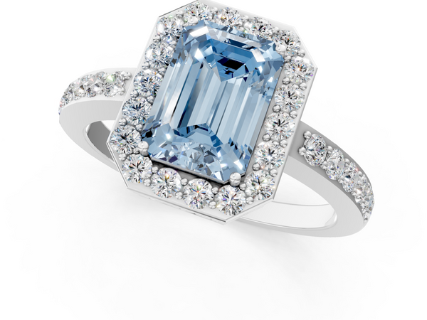 Platinum Fancy Blue Emerald  Halo Diamond Pavé Band Ring with Prong Setting