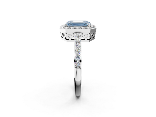Platinum Fancy Blue Emerald  Halo Diamond Pavé Band Ring with Prong Setting