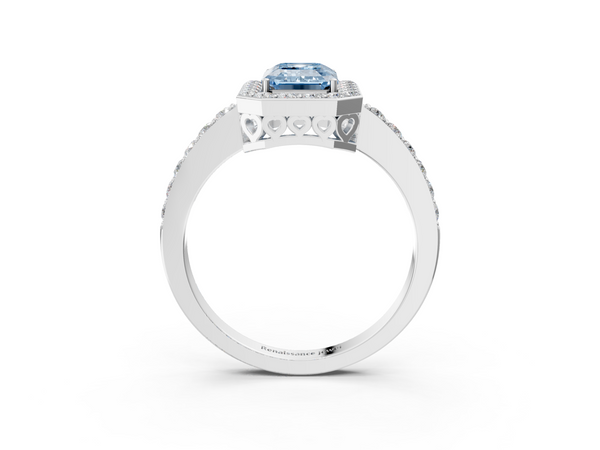 Platinum Fancy Blue Emerald  Halo Diamond Pavé Band Ring with Prong Setting