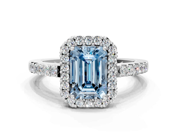 White gold Fancy Blue Emerald  Halo Diamond Pavé Solitaire Ring