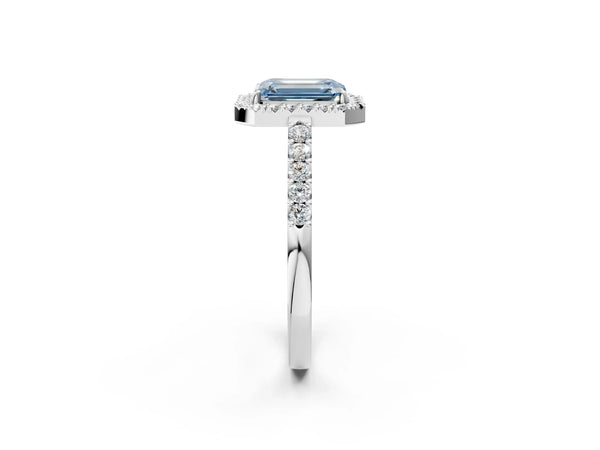 White gold Fancy Blue Emerald  Halo Diamond Pavé Solitaire Ring