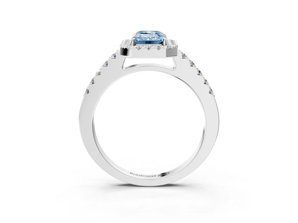 White gold Fancy Blue Emerald  Halo Diamond Pavé Solitaire Ring