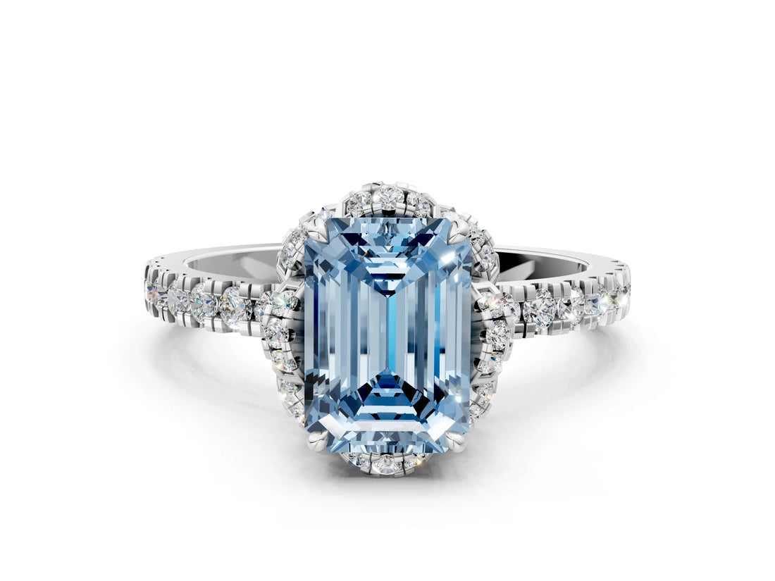 White gold Fancy Blue Emerald  Halo Diamond Pave Band Ring with Four-Prong Setting_15