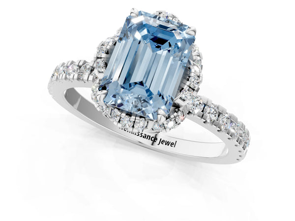Platinum Fancy Blue Emerald  Halo Diamond Pave Band Ring with Four-Prong Setting