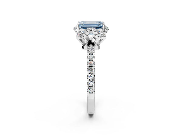 Platinum Fancy Blue Emerald  Halo Diamond Pave Band Ring with Four-Prong Setting