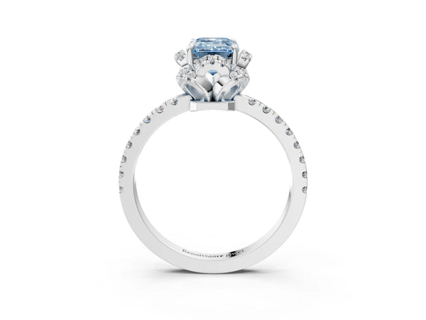 Platinum Fancy Blue Emerald  Halo Diamond Pave Band Ring with Four-Prong Setting