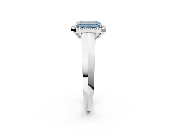Platinum Fancy Blue Emerald  Halo Diamond Ring with Cathedral Band and Four-Prong Setting