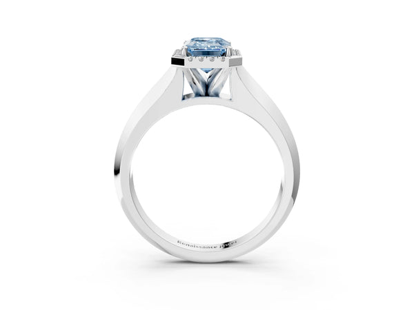 Platinum Fancy Blue Emerald  Halo Diamond Ring with Cathedral Band and Four-Prong Setting