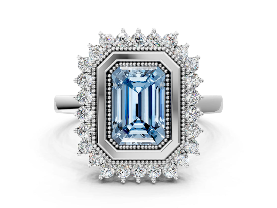 White gold Fancy Blue Emerald  Halo Diamond Ring with Milgrain Edge and Round Prong Setting_38
