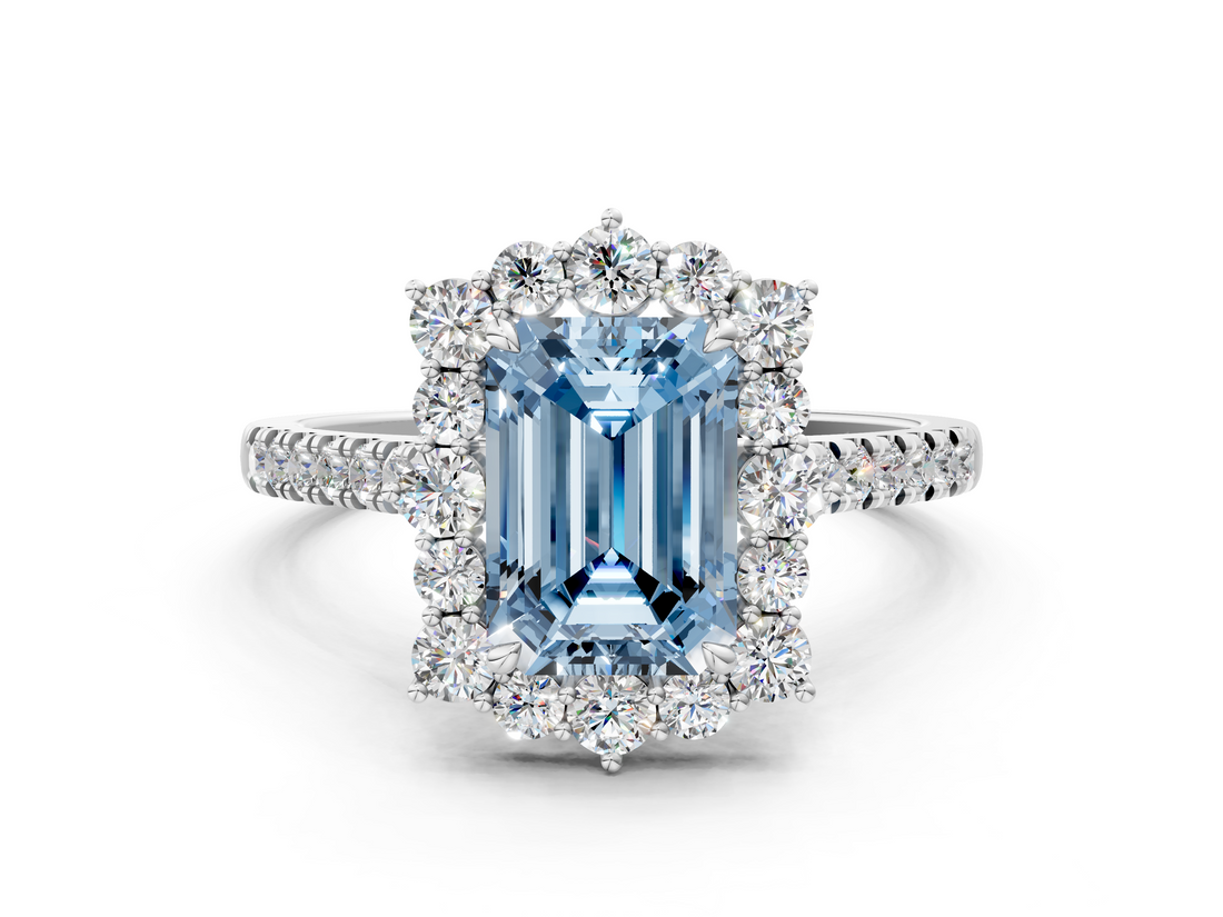 White gold Fancy Blue Emerald  Halo Diamond Ring with Pavé Band and Prong Setting_20