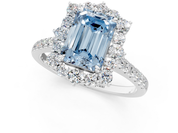 Platinum Fancy Blue Emerald  Halo Diamond Ring with Pavé Band and Prong Setting