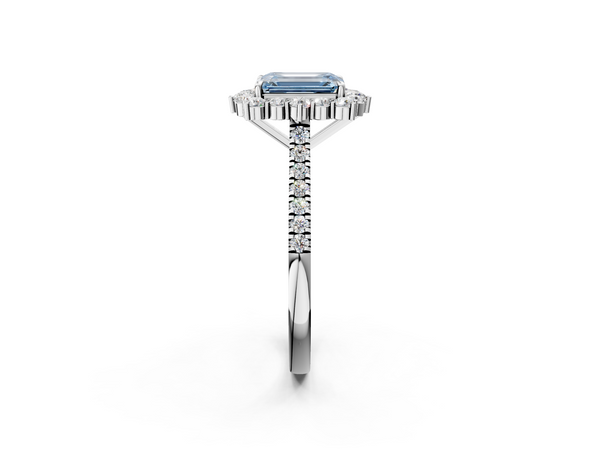 Platinum Fancy Blue Emerald  Halo Diamond Ring with Pavé Band and Prong Setting