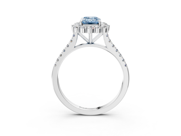 Platinum Fancy Blue Emerald  Halo Diamond Ring with Pavé Band and Prong Setting
