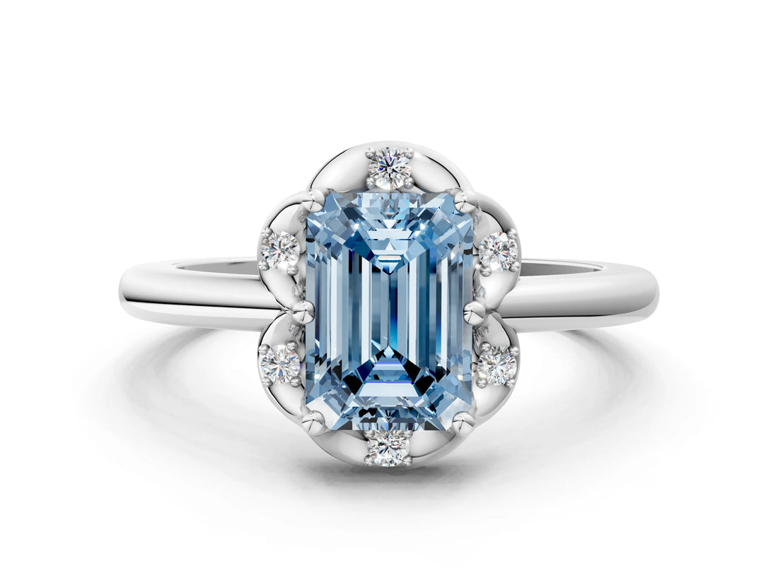 White gold Fancy Blue Emerald  Halo Diamond Ring with Round Cluster Setting, Solitaire Band, and Four-Prong Setting_72