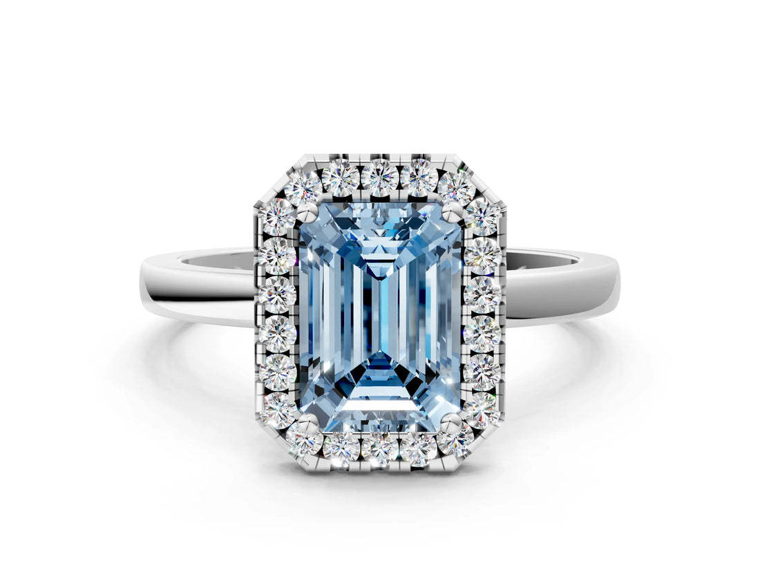 White gold Fancy Blue Emerald  Halo Diamond Solitaire with Pavé Band and Four-Prong Setting_104