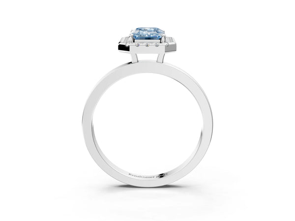 Platinum Fancy Blue Emerald  Halo Diamond Solitaire with Pavé Band and Four-Prong Setting