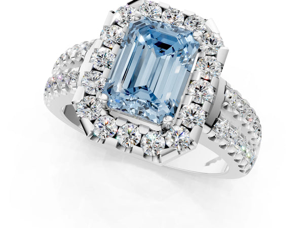 White gold Fancy Blue Emerald  Halo Diamond Split Shank Engagement Ring with Prong Setting
