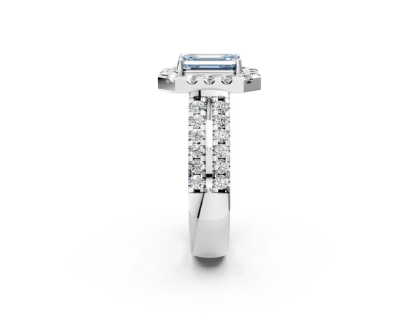 White gold Fancy Blue Emerald  Halo Diamond Split Shank Engagement Ring with Prong Setting