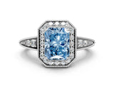White gold Fancy Blue Emerald  Halo Diamond Split Shank Ring with Milgrain Detail_49