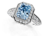 White gold Fancy Blue Emerald  Halo Diamond Split Shank Ring with Milgrain Detail_50