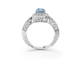 White gold Fancy Blue Emerald  Halo Diamond Split Shank Ring with Milgrain Detail_52