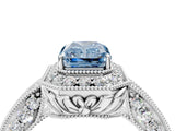 White gold Fancy Blue Emerald  Halo Diamond Split Shank Ring with Milgrain Detail_53