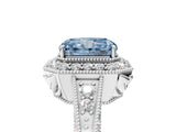 White gold Fancy Blue Emerald  Halo Diamond Split Shank Ring with Milgrain Detail_54