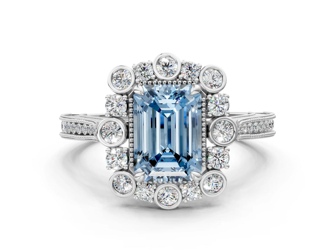 White gold Fancy Blue Emerald  Halo Milgrain Pave Diamond Ring with Four-Prong Setting 1