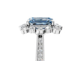 White gold Fancy Blue Emerald  Halo Milgrain Pave Diamond Ring with Four-Prong Setting